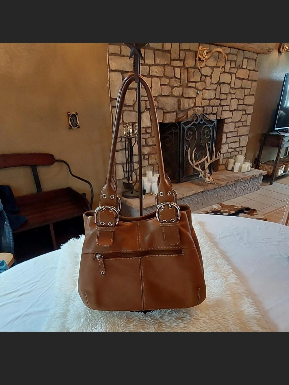 Vintage Tignanello Cognac Pebbled Leather Buckle Shoulder Tote Bag - EXCELLENT